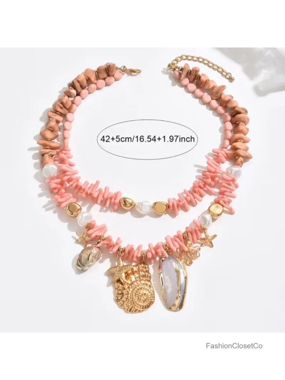 Pink Shell Charm Necklace for Women, Double Layer Irregular Chip Bead Statement